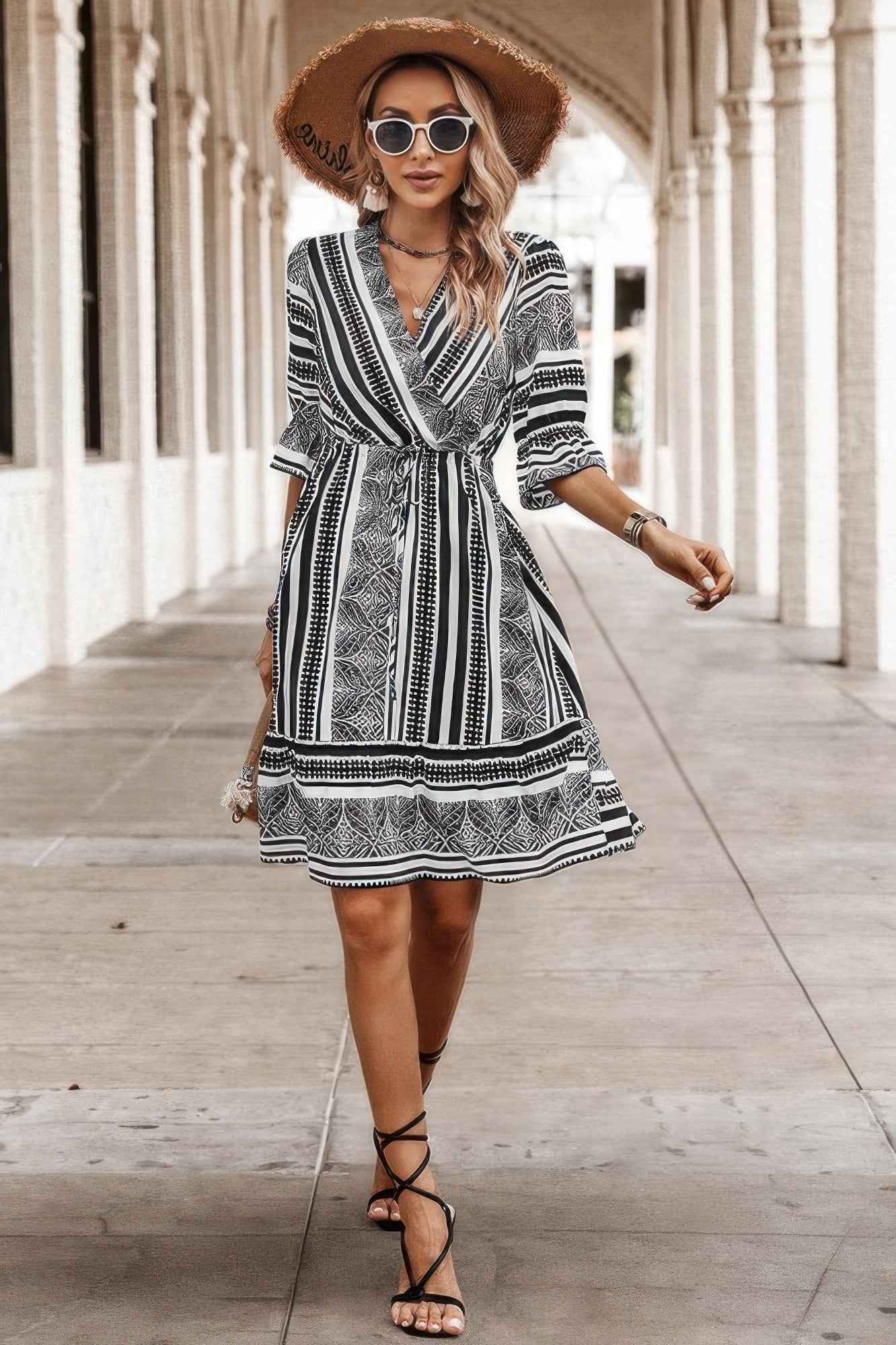 Allover Print Surplice Neck Ruffle Hem Fit Dress