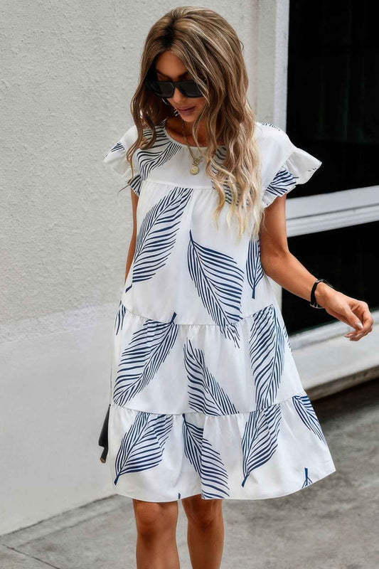 Leaf Print Ruffle Sleeves A Line Midi Dress