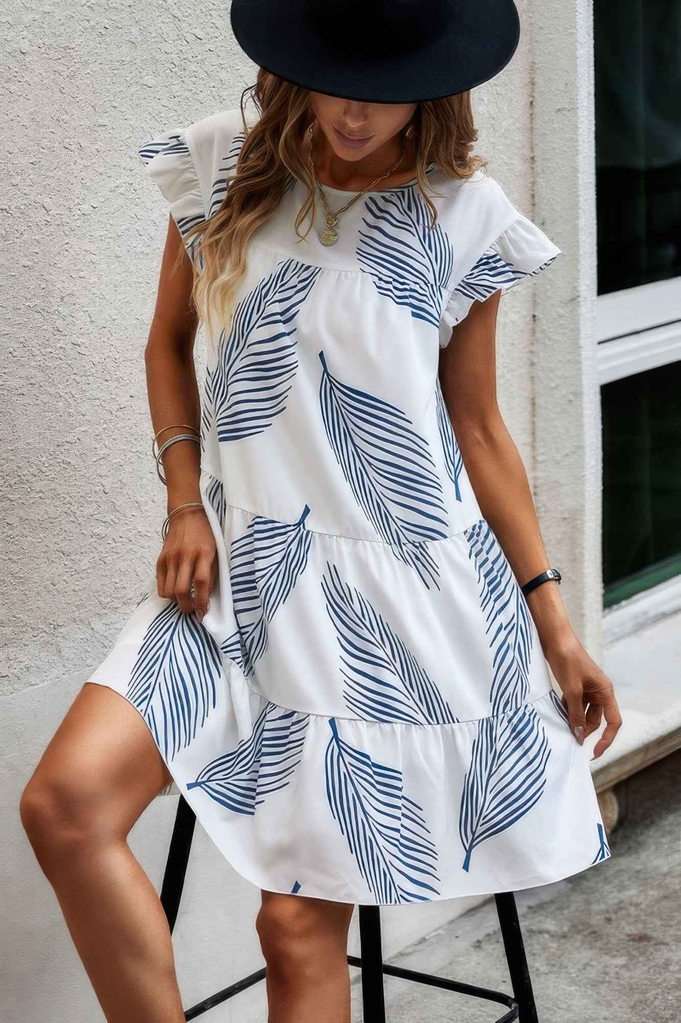 Leaf Print Ruffle Sleeves A Line Midi Dress