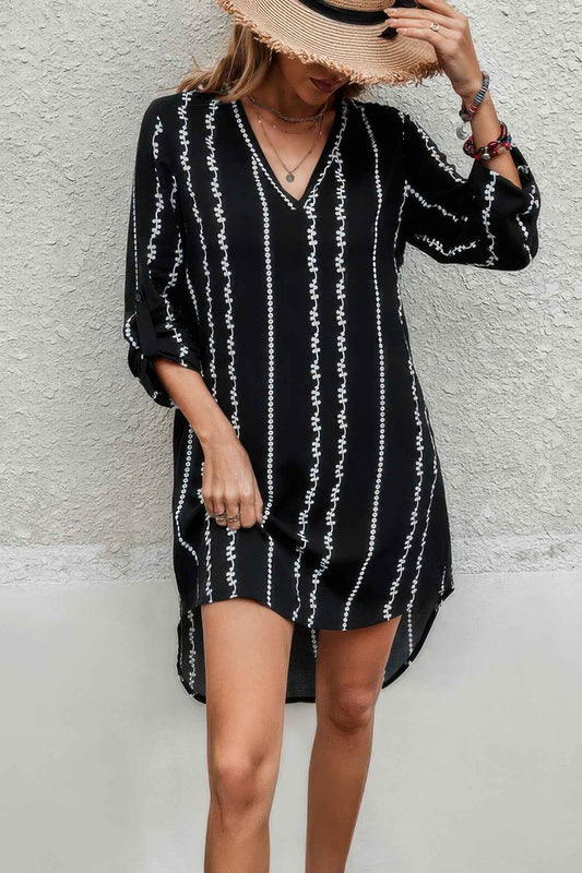Striped Print Roll Tab Sleeve Tunic Loose Dress