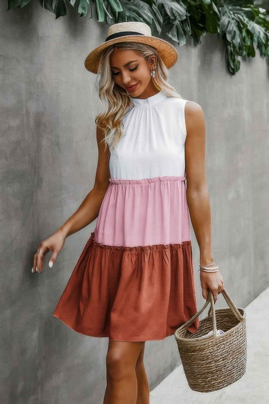 Colorblock Cut Out Back Ruffle Hem Tiered Dress