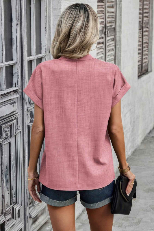 V Neck Solid Short Bat Sleeve Loose Fit Blouse