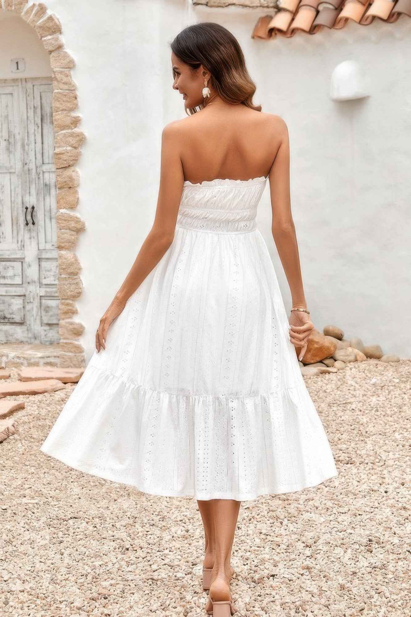 Off Shoulder Lace Trim Strapless Tube A Line Dress