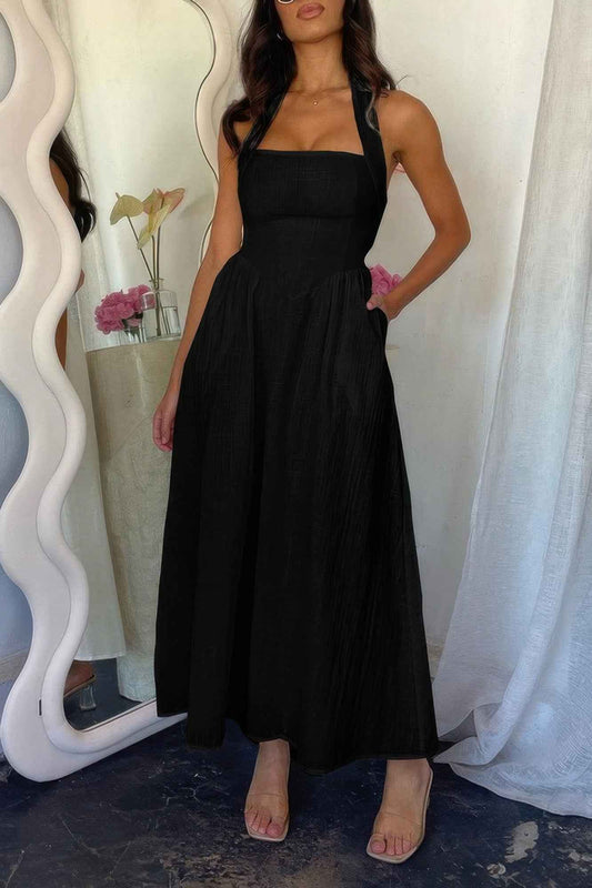 Halter Solid Pockets Sleeveless A Line Long Dress