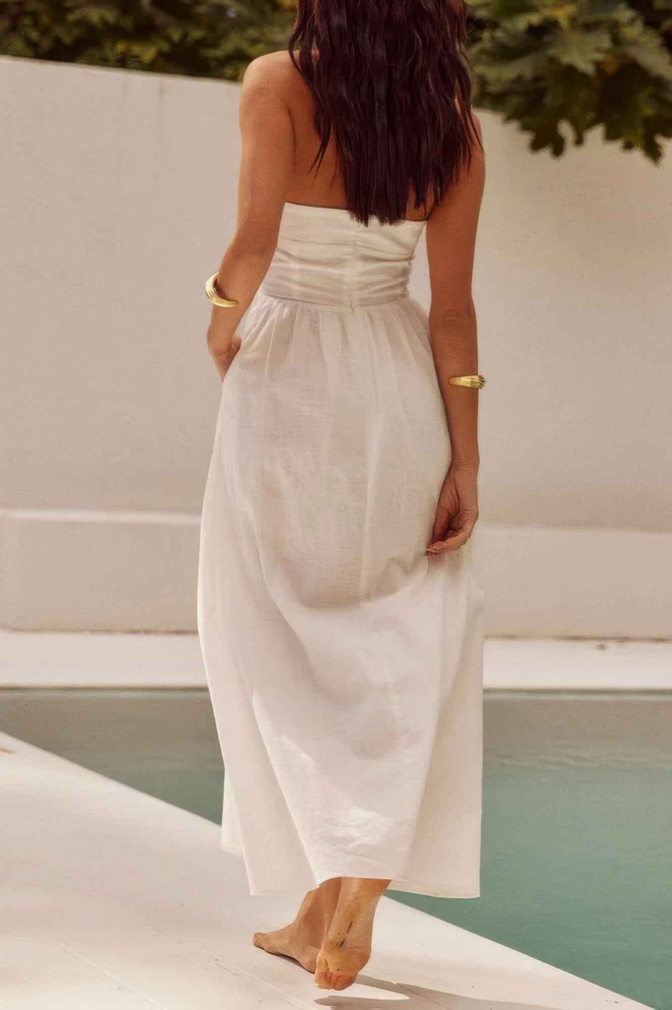Halter Solid Pockets Sleeveless A Line Long Dress