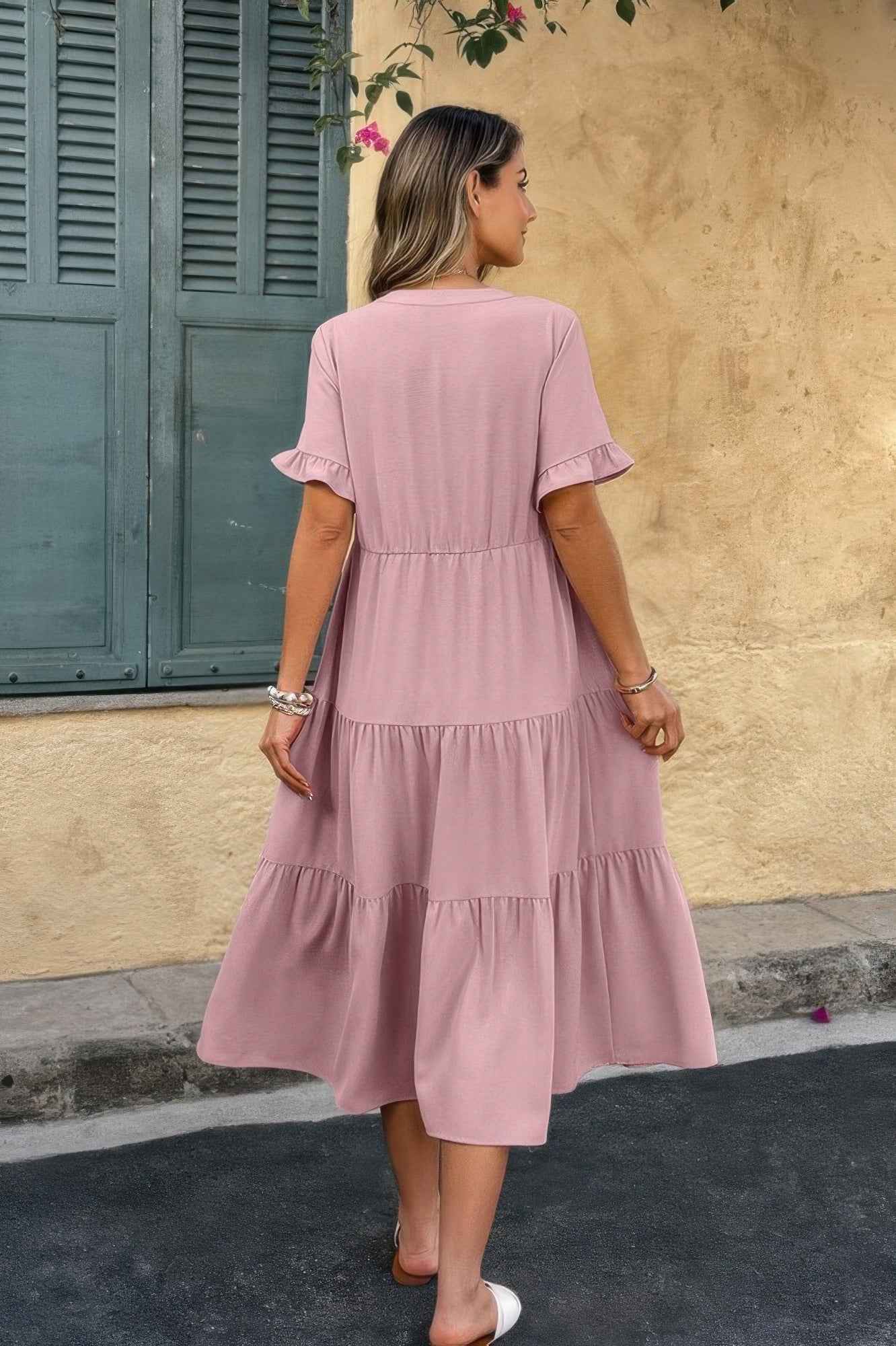 Solid V Neck A Line Ruffle Hem Pleated Dress