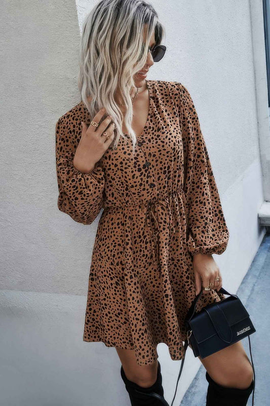 Leopard Print Waist Tie Belted Ruffle Hem Dress