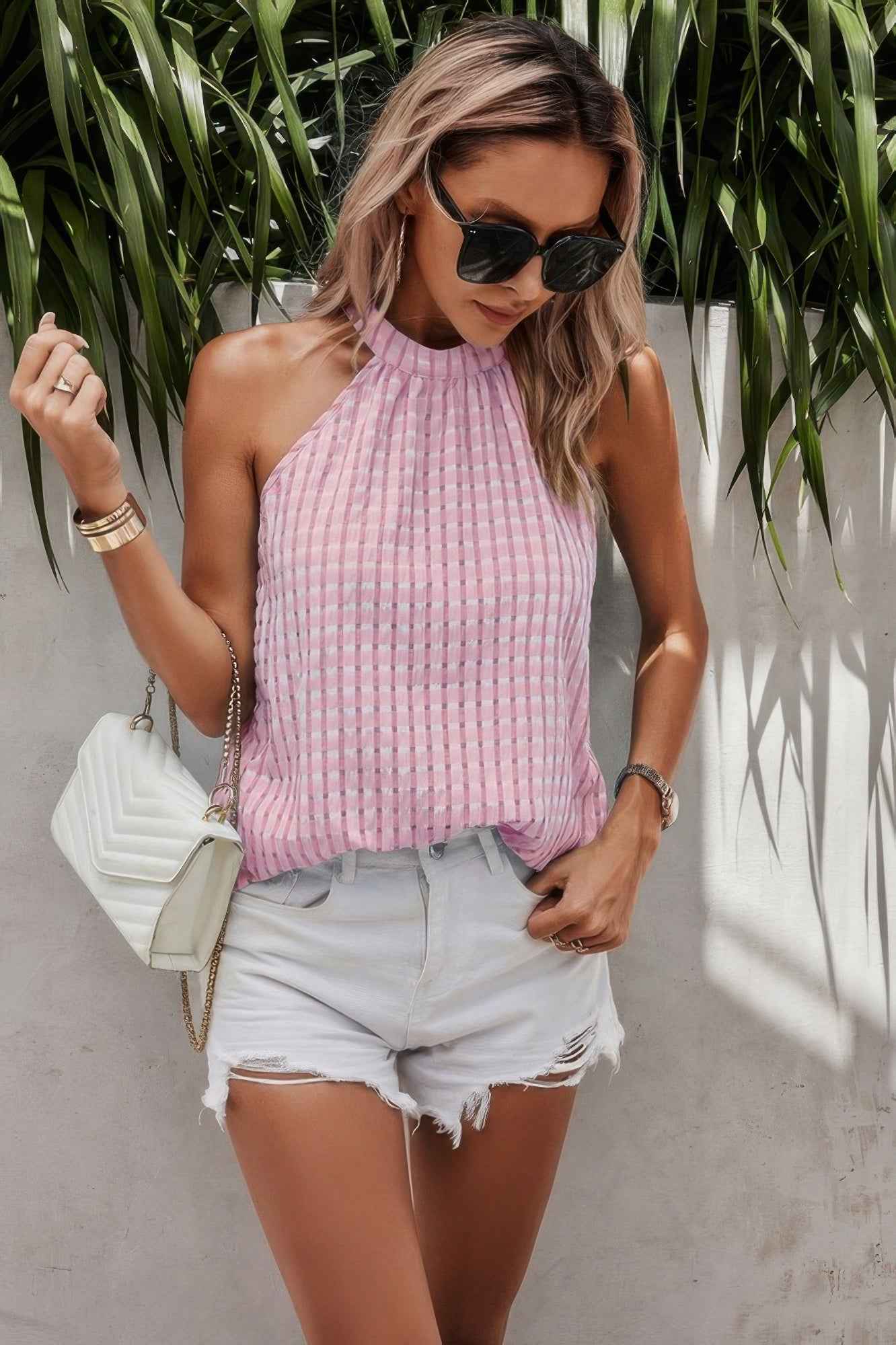 Tartan Halter Sleeveless Cut Out Back Loose Shirt