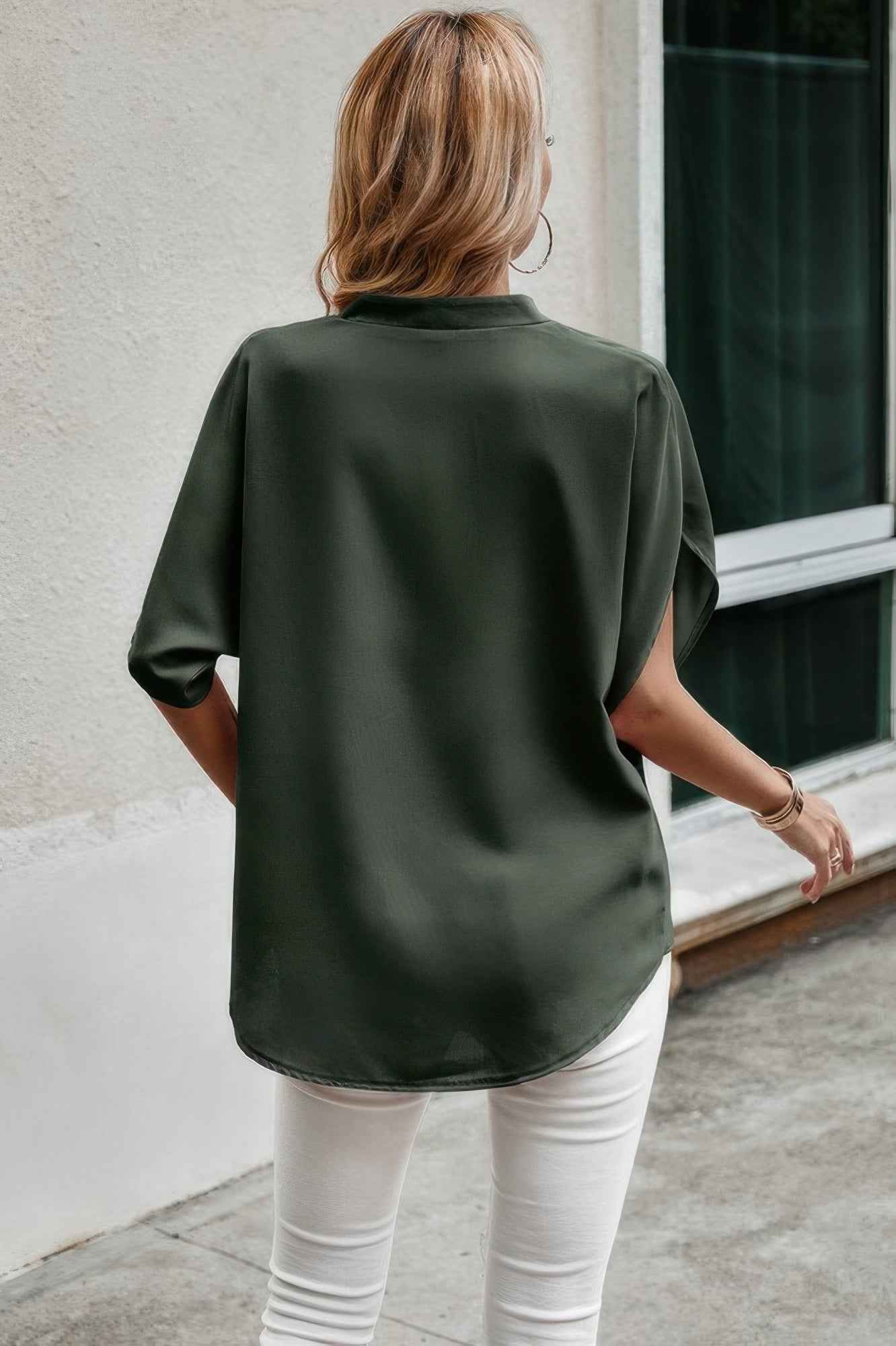 Notched Neck Solid Loose Fit Half Sleeve Blouse