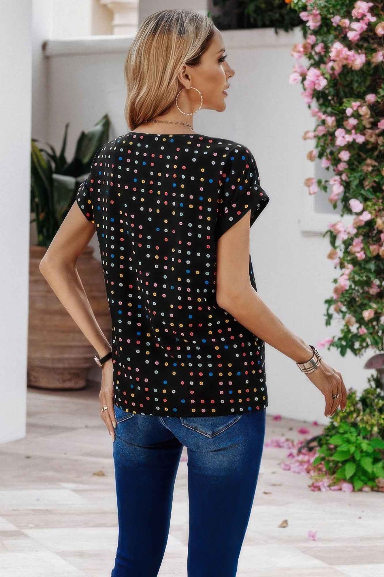 Scoop Neck Polka Dot Batwing Sleeve Blouse