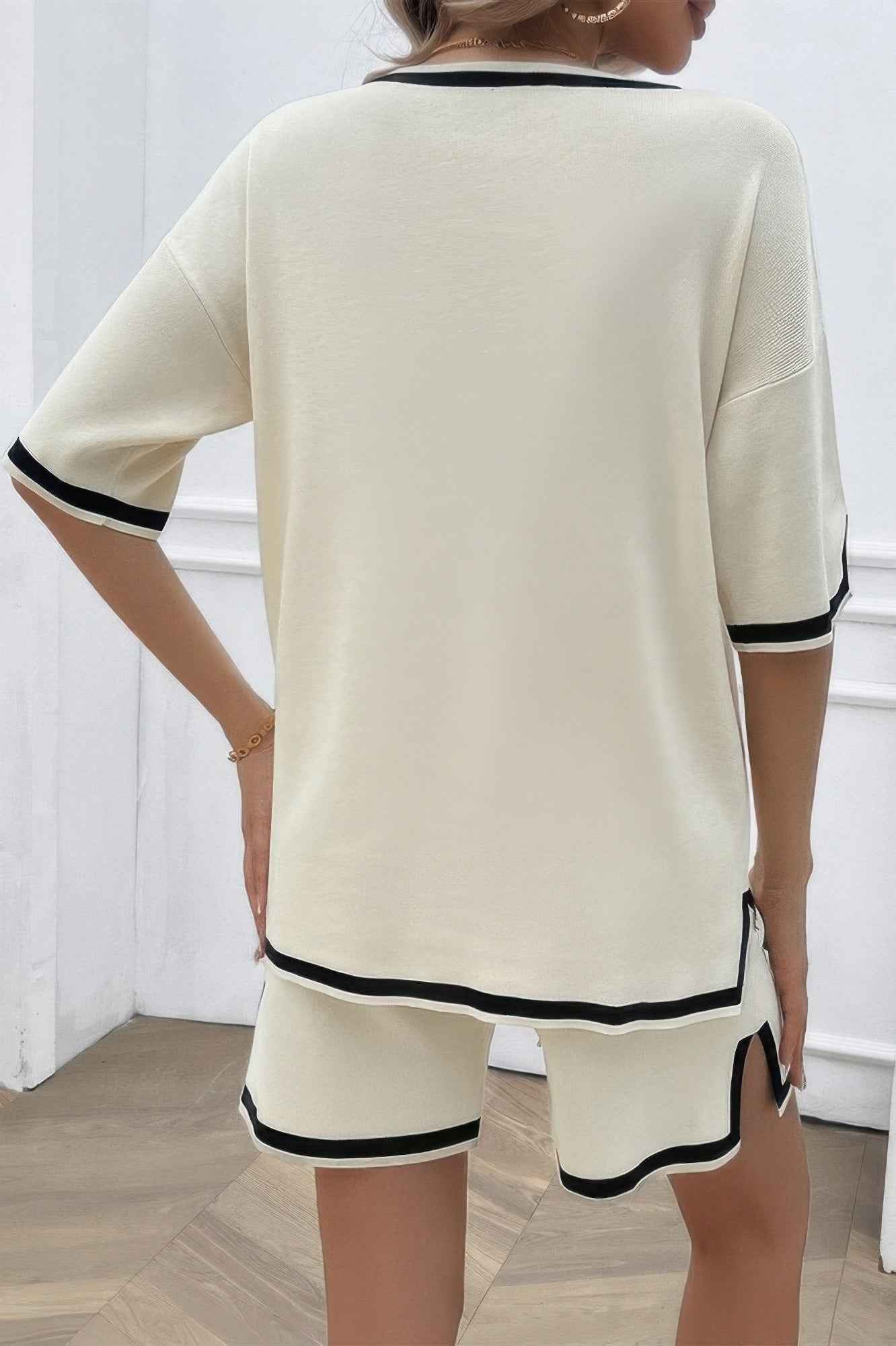 Knit Solid Deep V Neck Loose Drawstring Loose Set