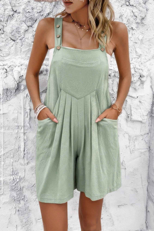 Square Neck Pockets Button Tirm Ruched Romper