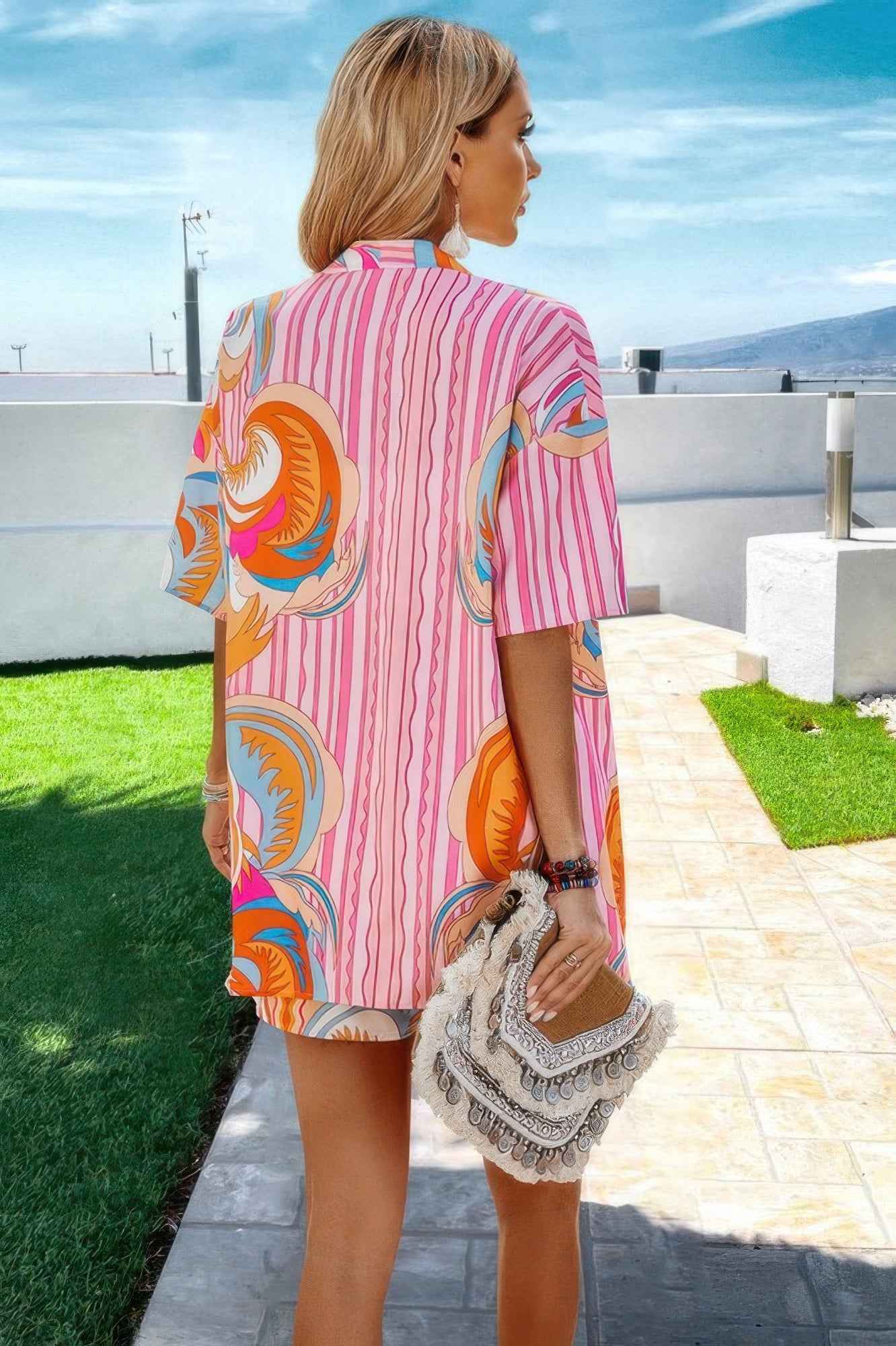 Graphic Print Drop Shoulder Blouse Tie Front Short