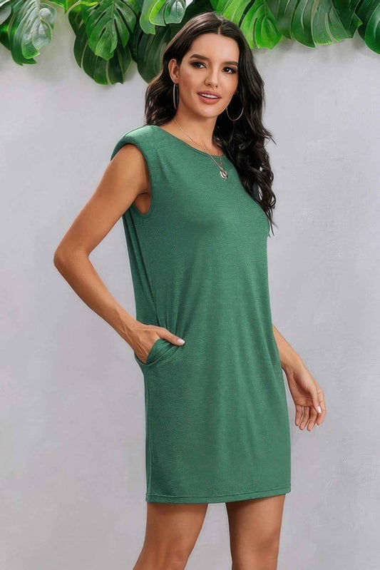 Round Neck Solid Sleeveless Shirt Dress