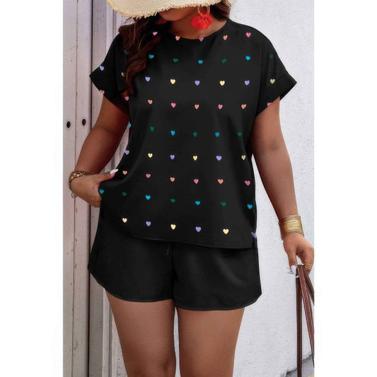 Plus Size Heart Print Drawstring Waist Sets