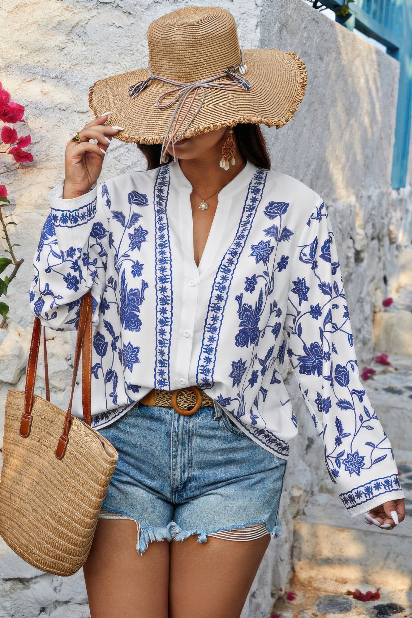 Plus Size V Neck Button Floral Print Loose Blouse - It's a Girly Place