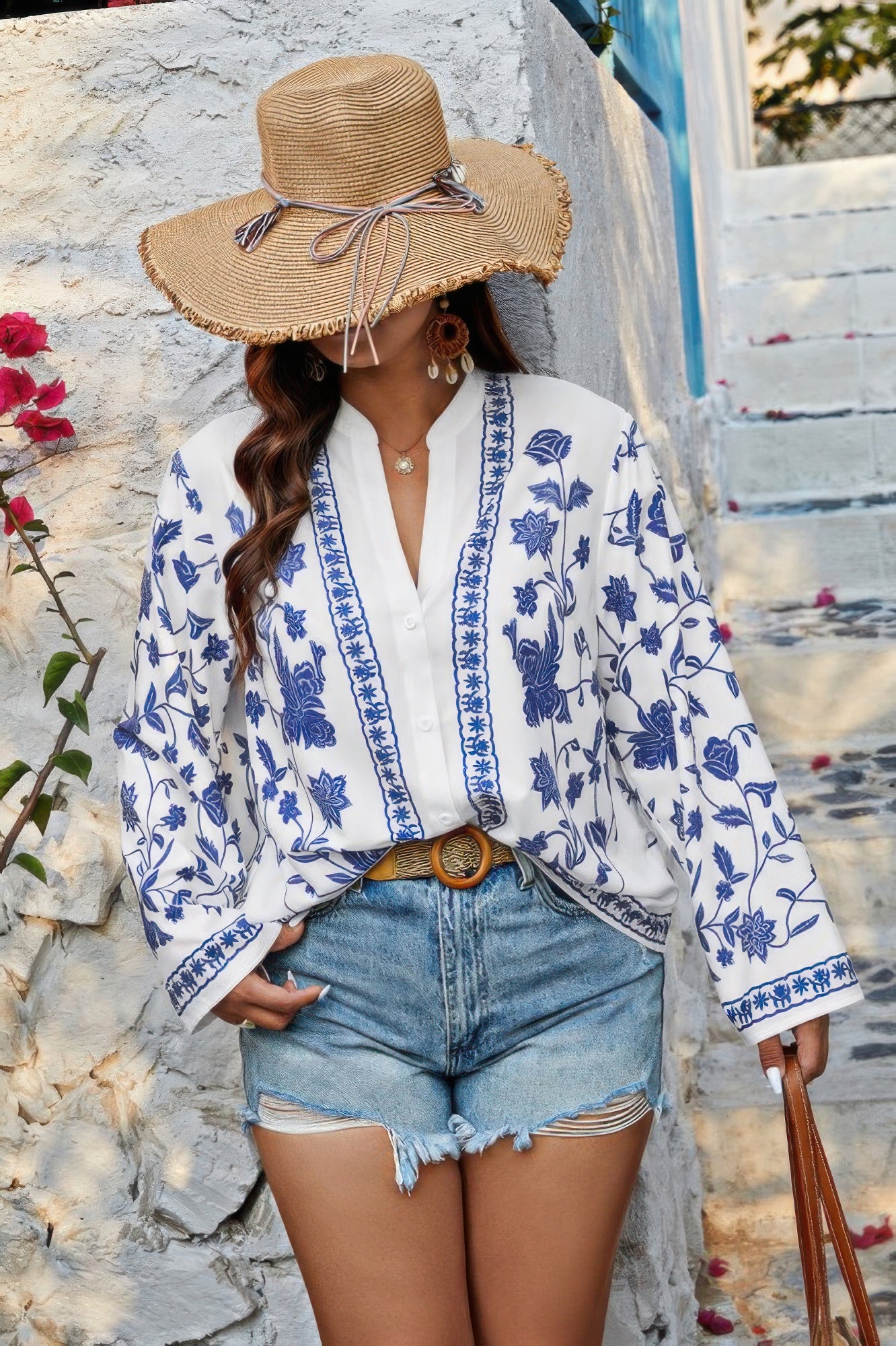 Plus Size V Neck Button Floral Print Loose Blouse - It's a Girly Place