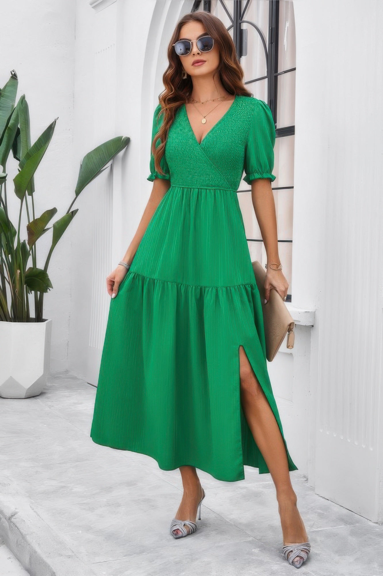 Solid V Neck Ruched High Waist Puff Sleeve Dress - It's a Girly Place