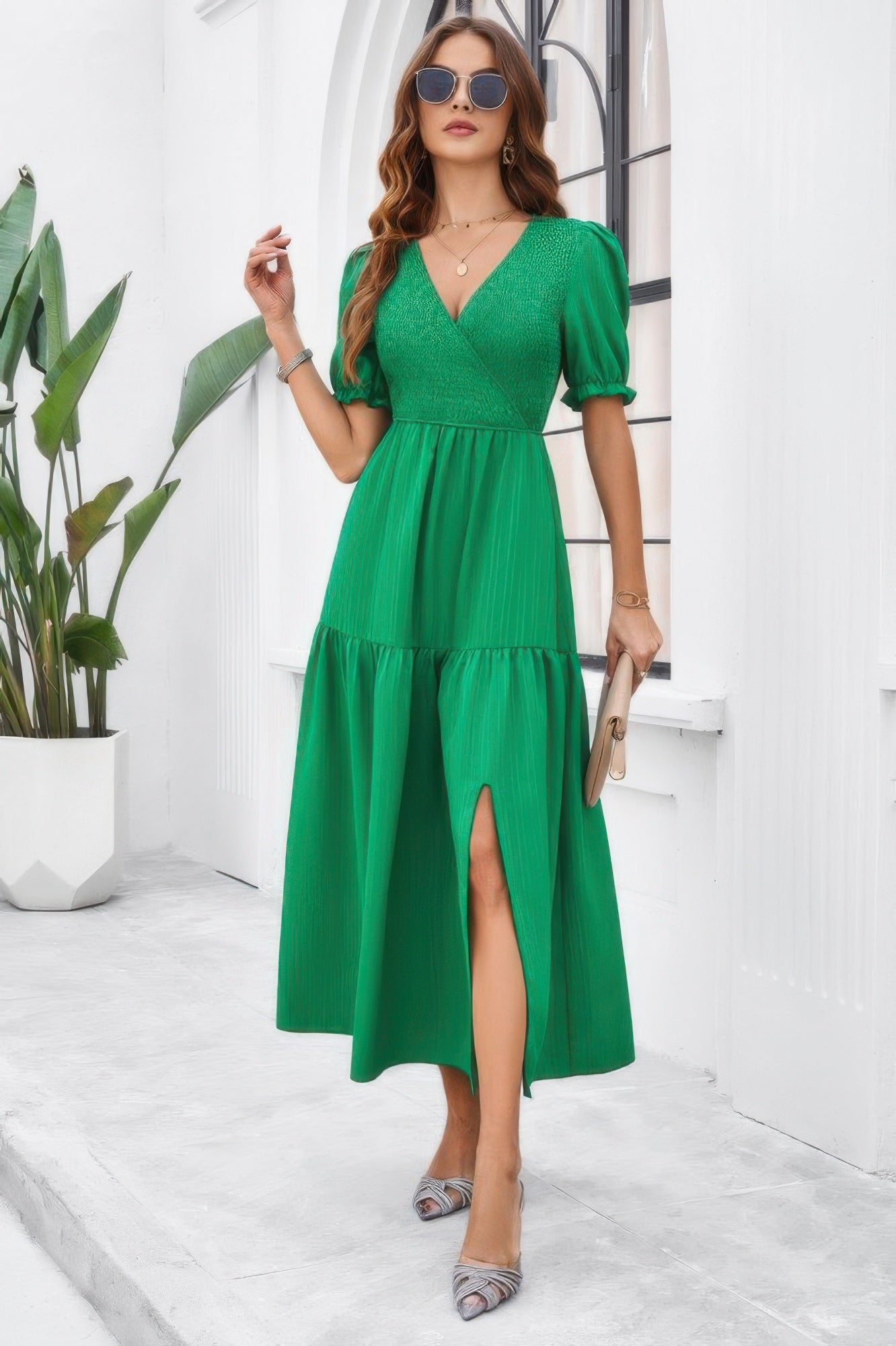 Solid V Neck Ruched High Waist Puff Sleeve Dress - It's a Girly Place