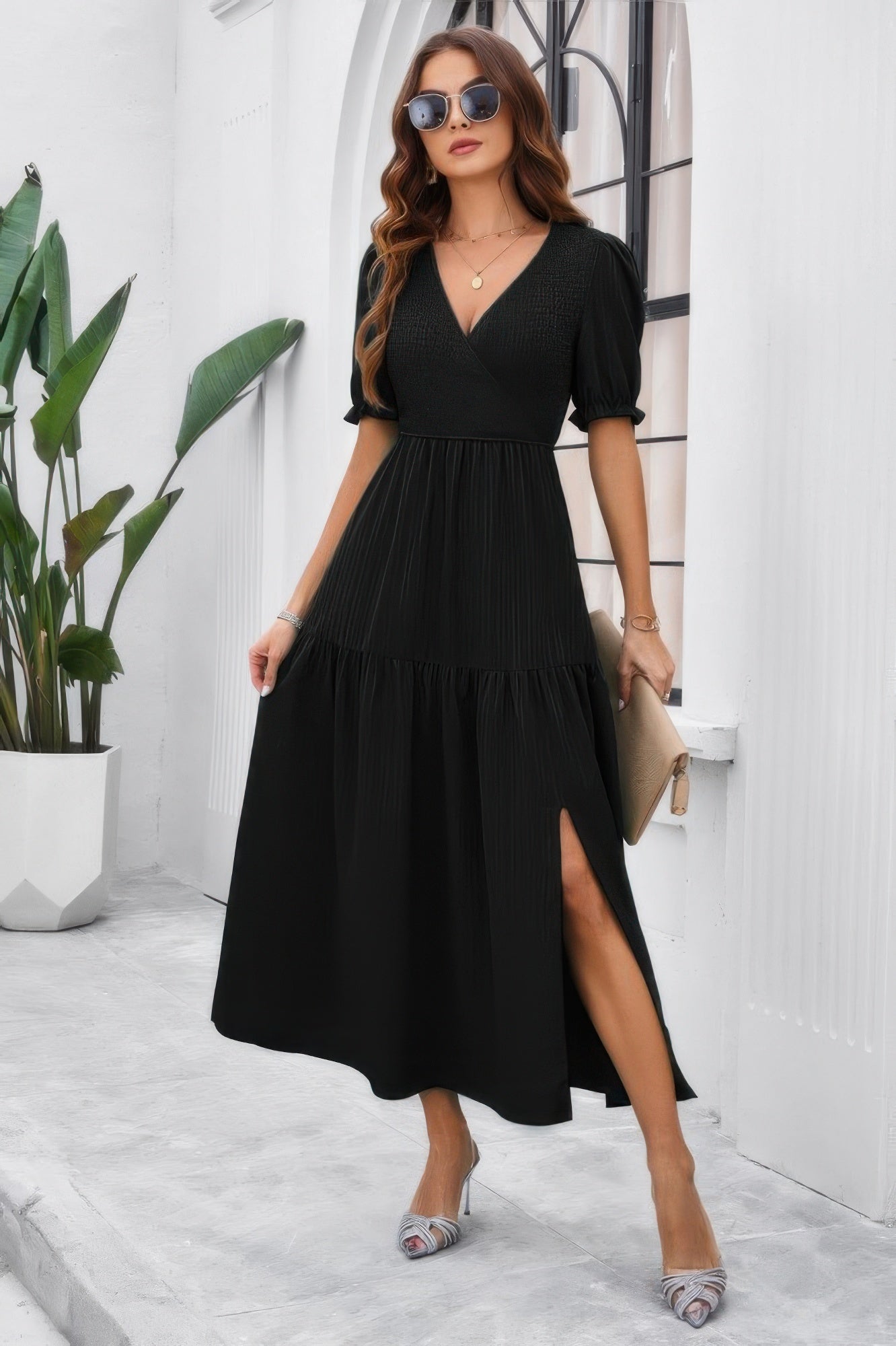 Solid V Neck Ruched High Waist Puff Sleeve Dress - It's a Girly Place