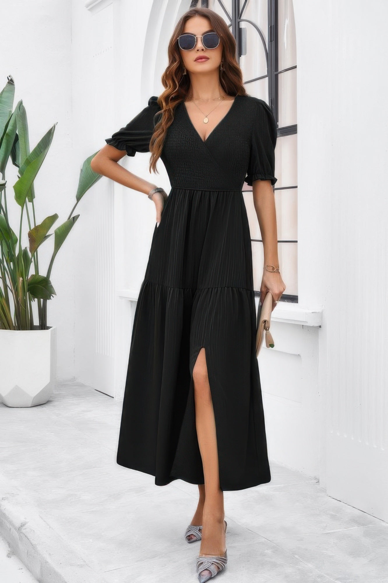 Solid V Neck Ruched High Waist Puff Sleeve Dress - It's a Girly Place