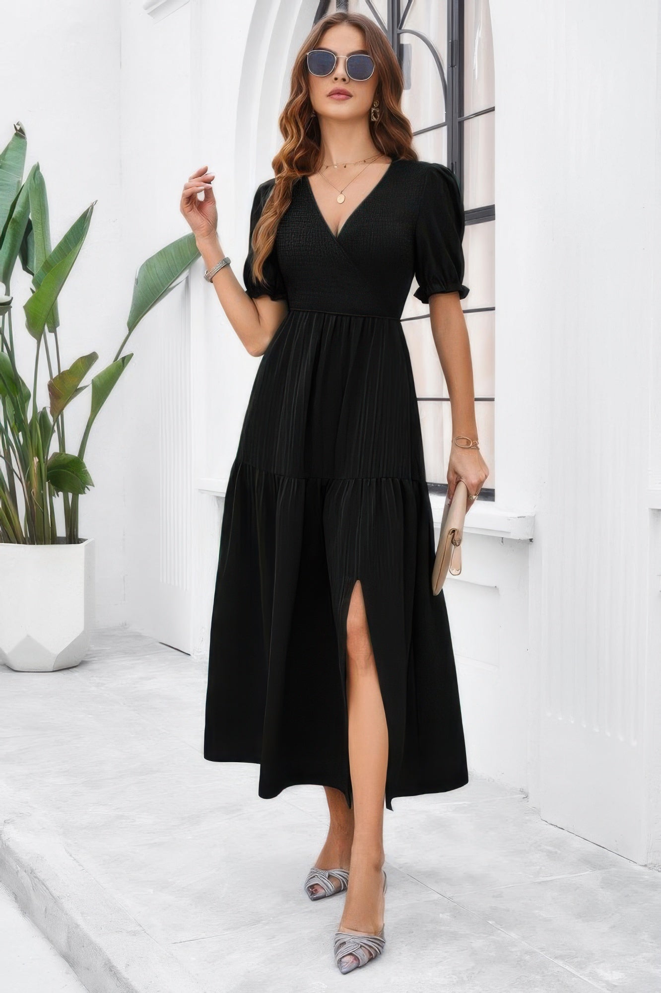 Solid V Neck Ruched High Waist Puff Sleeve Dress - It's a Girly Place