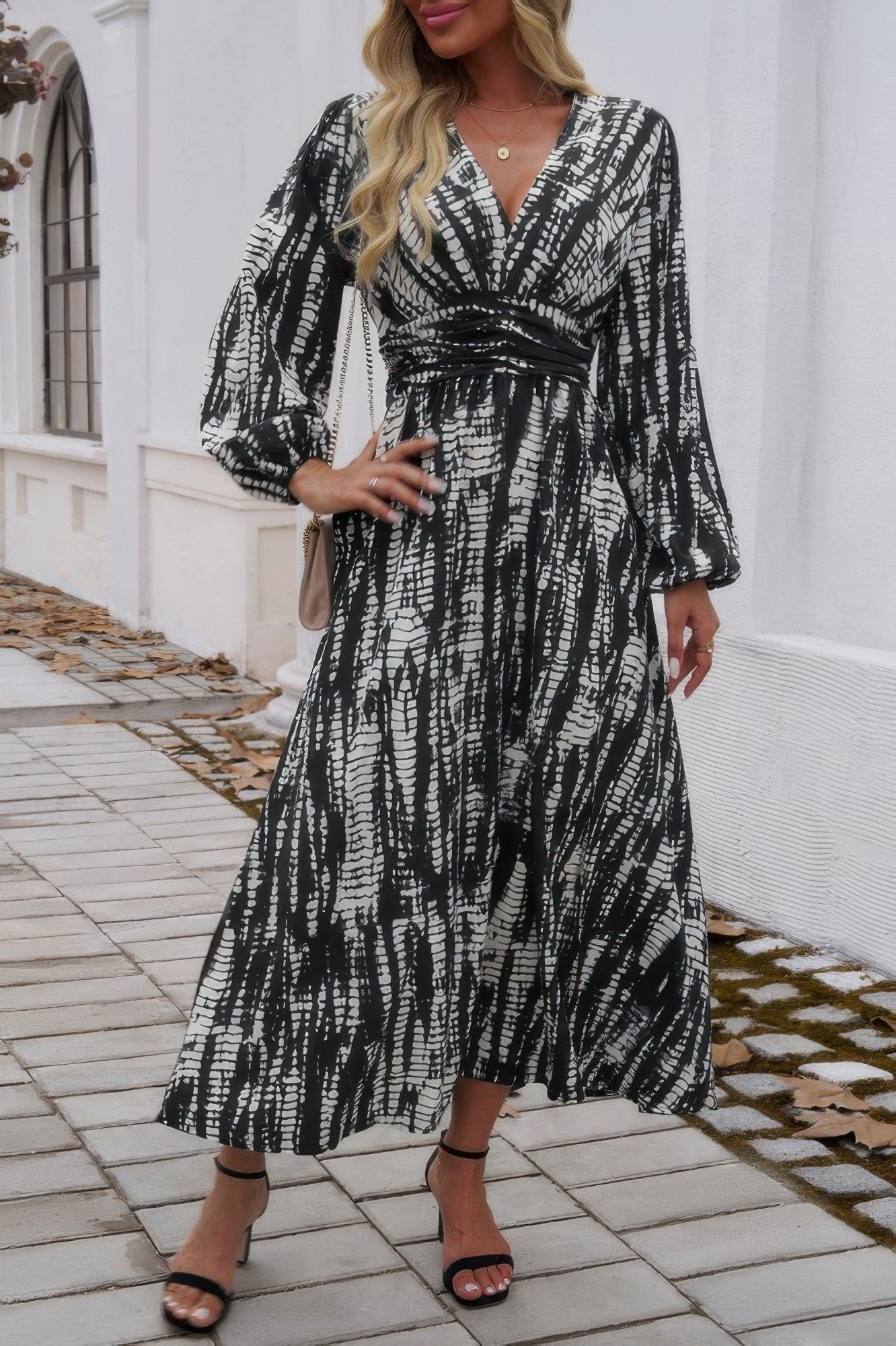 Print V Neck Tie Waist Fit Long Dress - It's a Girly Place