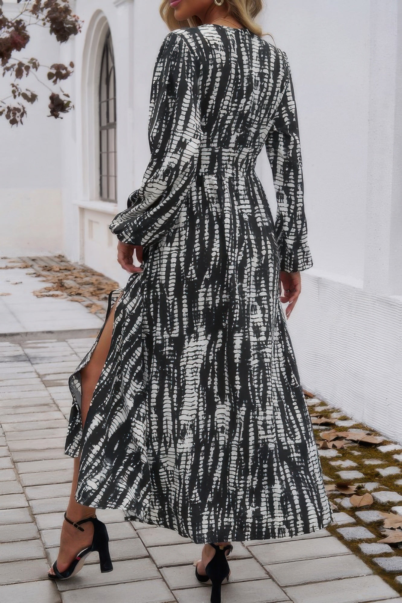 Print V Neck Tie Waist Fit Long Dress - It's a Girly Place