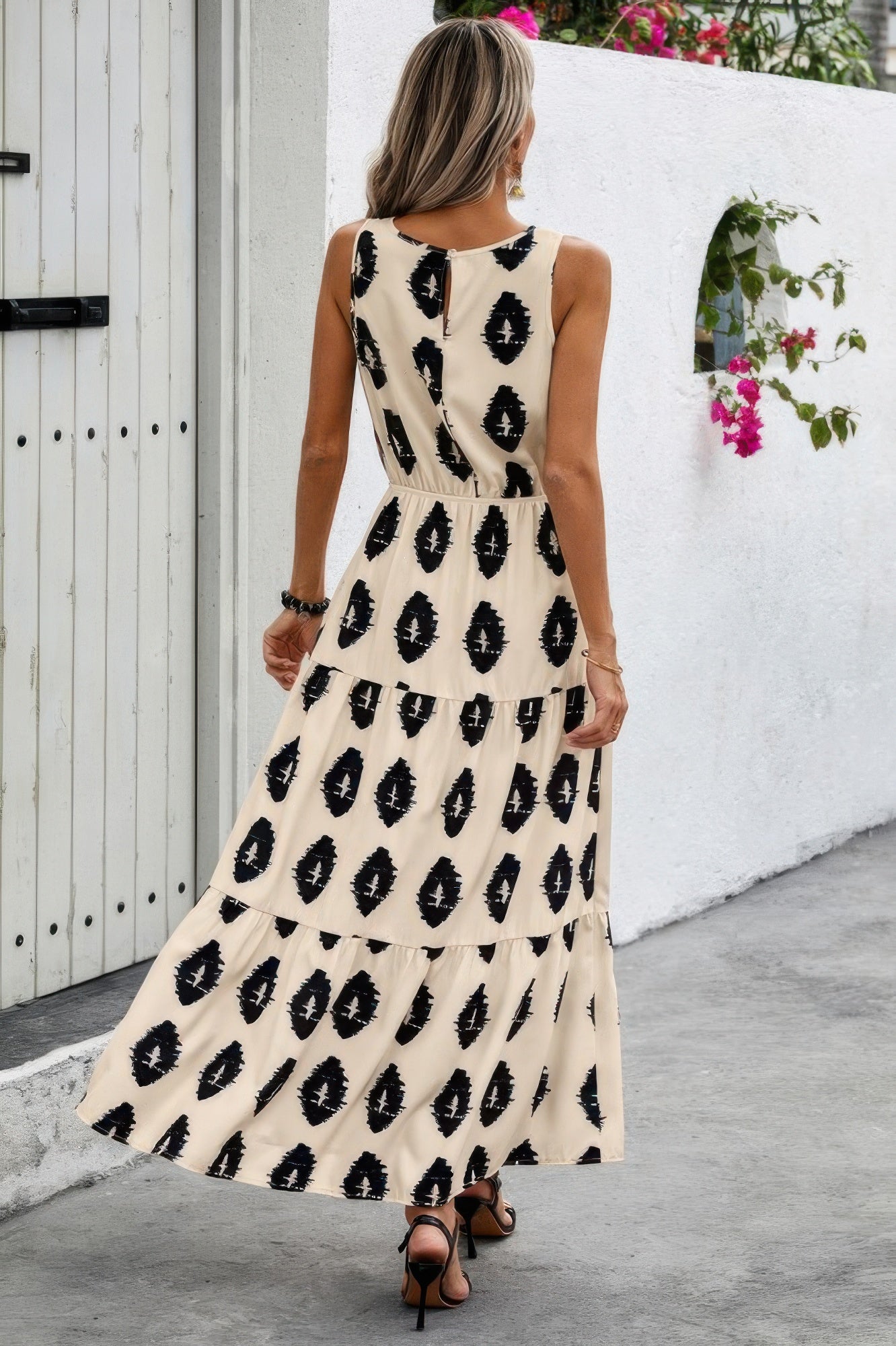 Sleeveless Printed Elastic Waist Ruffle Full Dress - It's a Girly Place