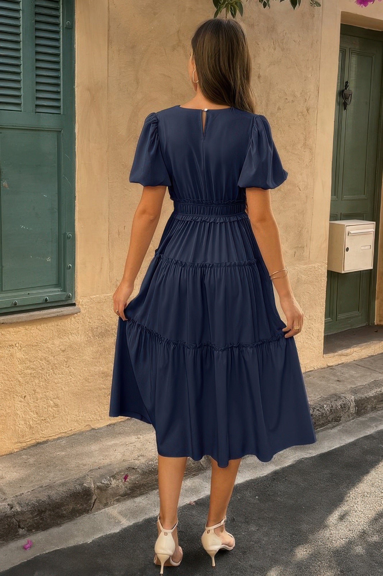 Solid Color Block Puff Sleeve Elastic Waist Dress - It's a Girly Place