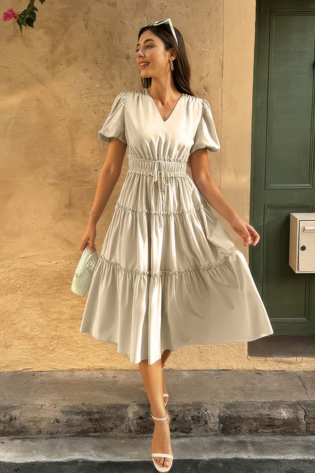 Solid Color Block Puff Sleeve Elastic Waist Dress - It's a Girly Place