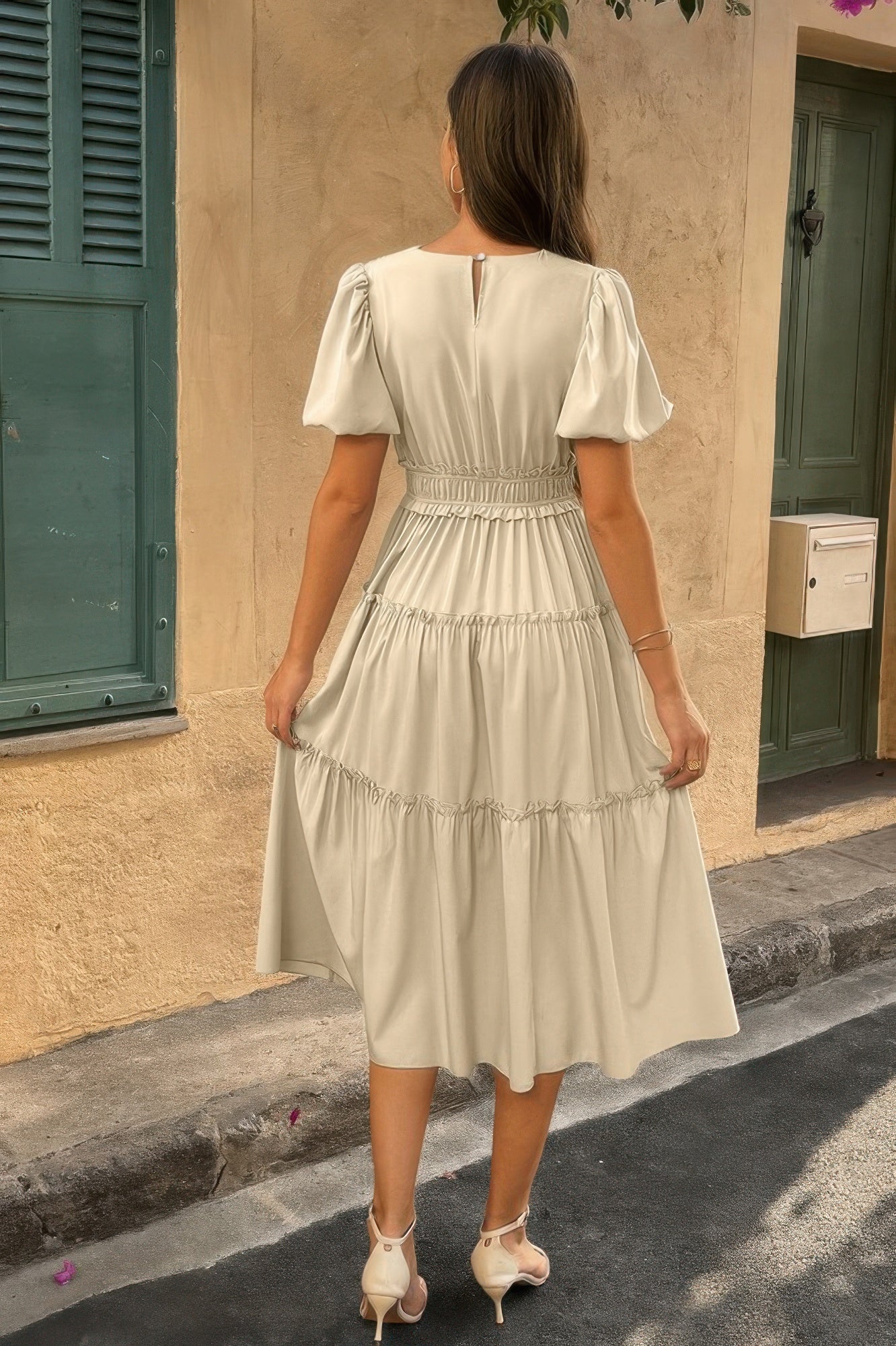 Solid Color Block Puff Sleeve Elastic Waist Dress - It's a Girly Place