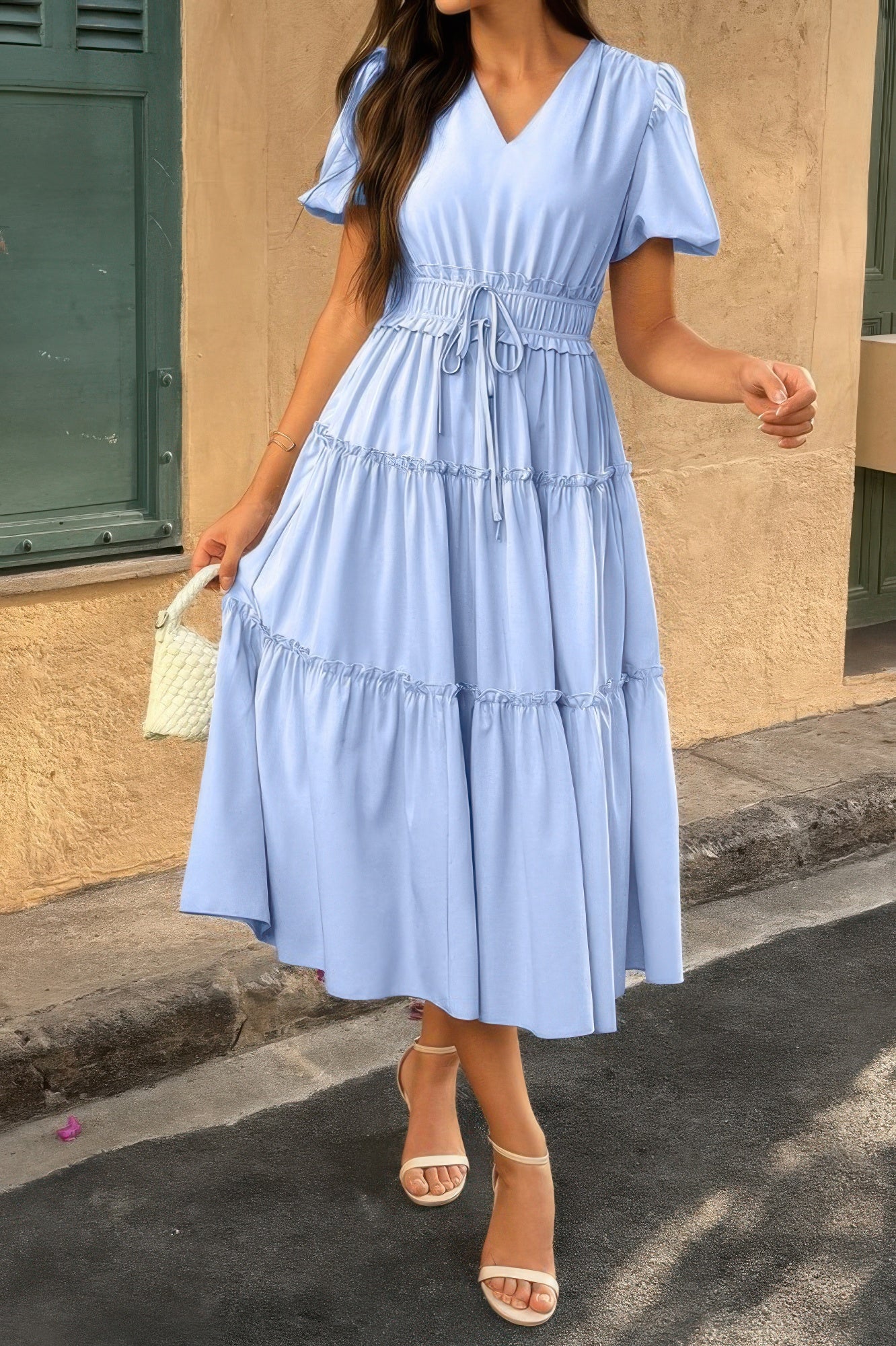 Solid Color Block Puff Sleeve Elastic Waist Dress - It's a Girly Place
