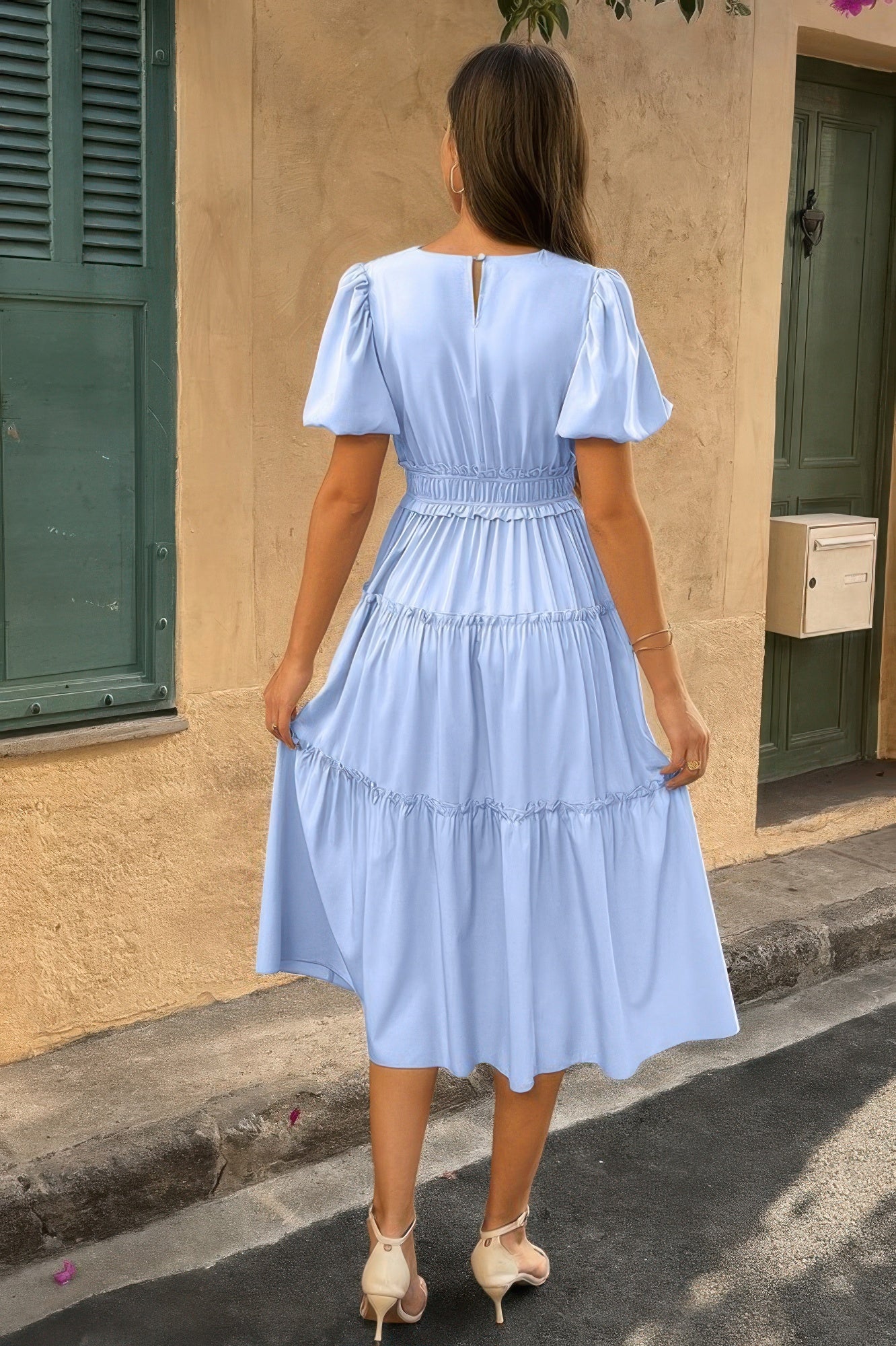 Solid Color Block Puff Sleeve Elastic Waist Dress - It's a Girly Place