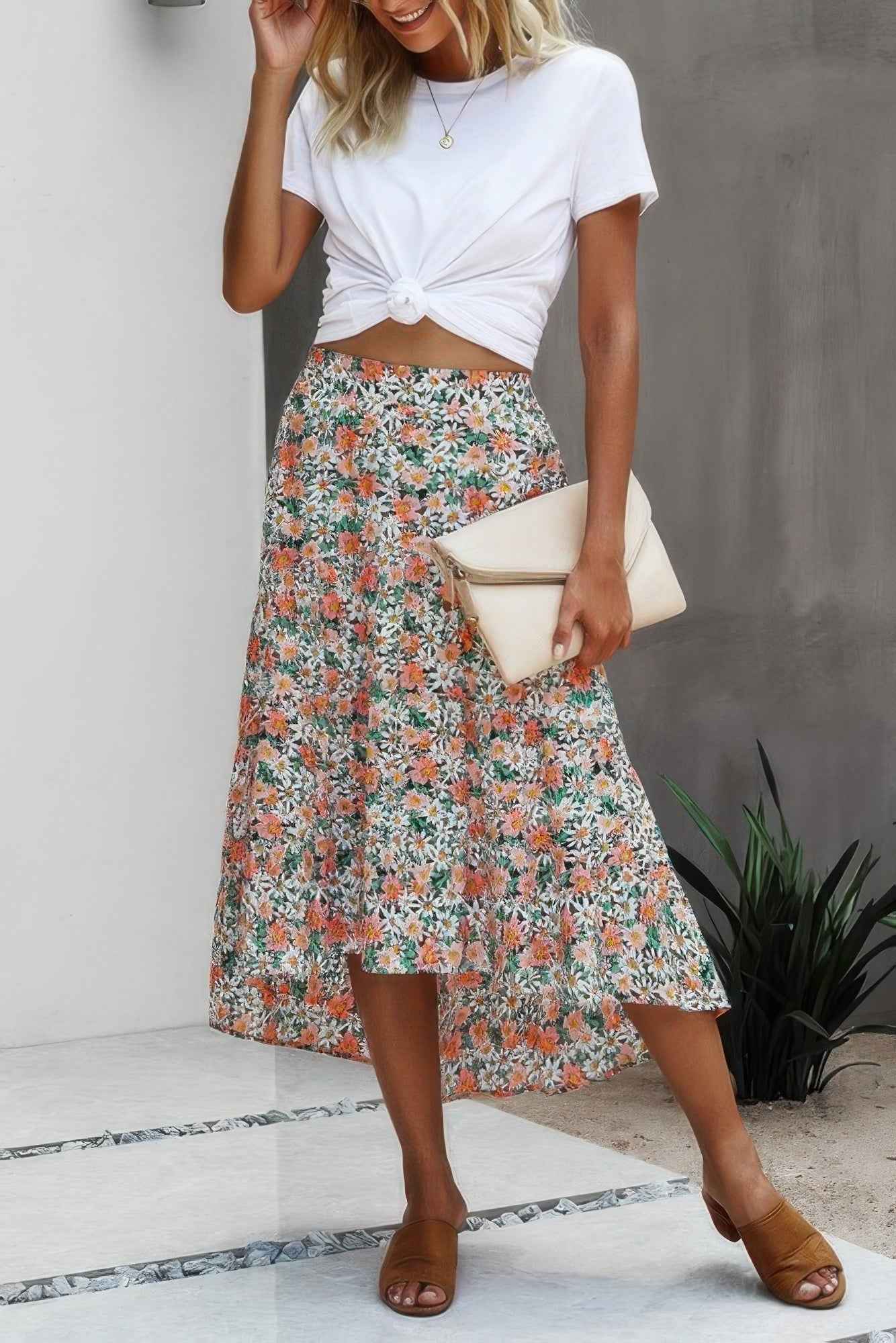 Floral Print High Waist Skirt A Line Long Skirt