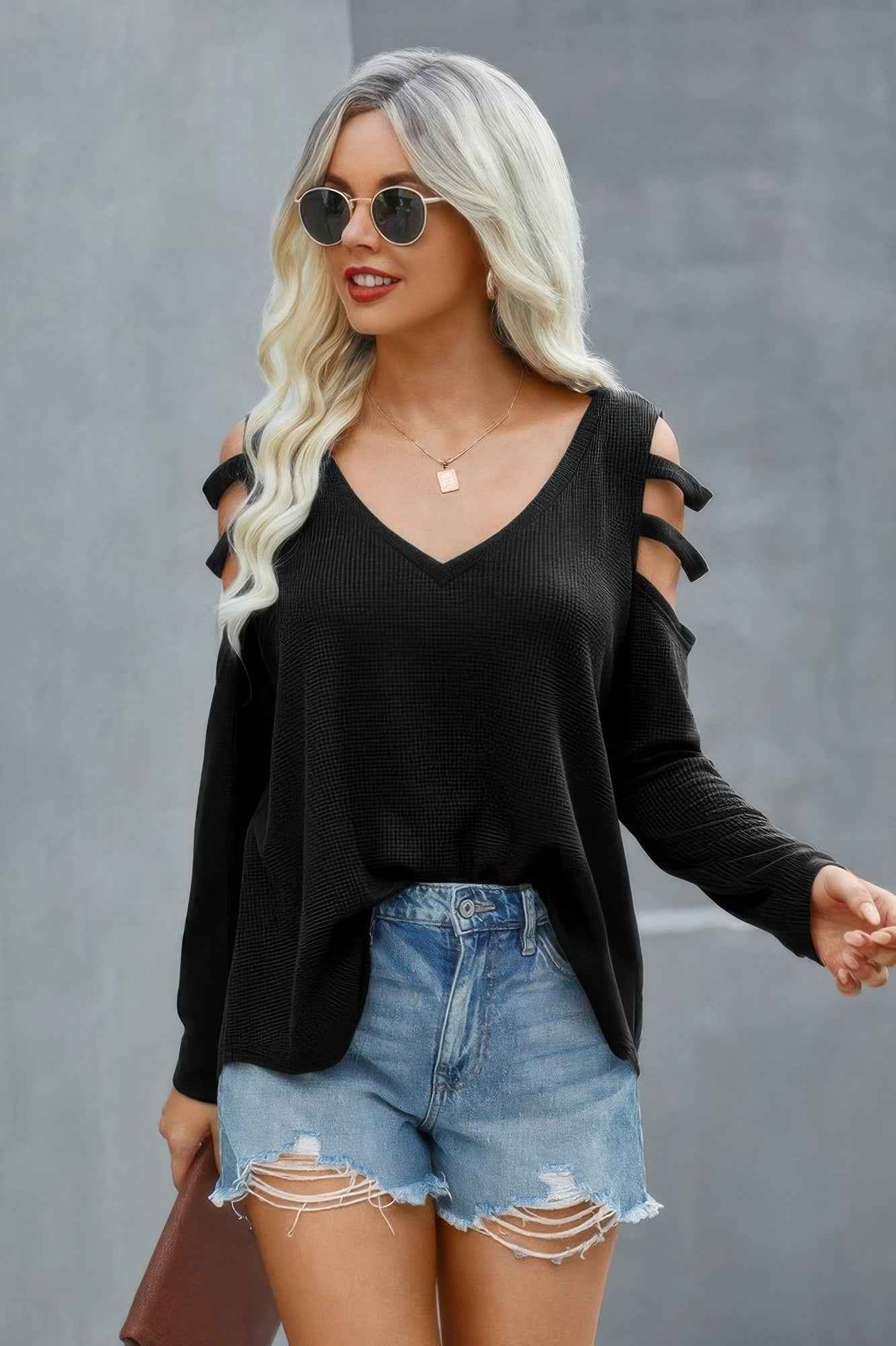 Solid Knitted V Neck Cut Out Shoulder Top
