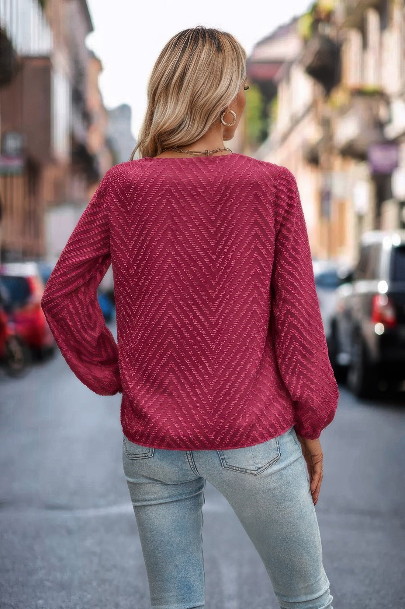 Chevron V Neck Long Sleeve Loose Top - It's a Girly Place