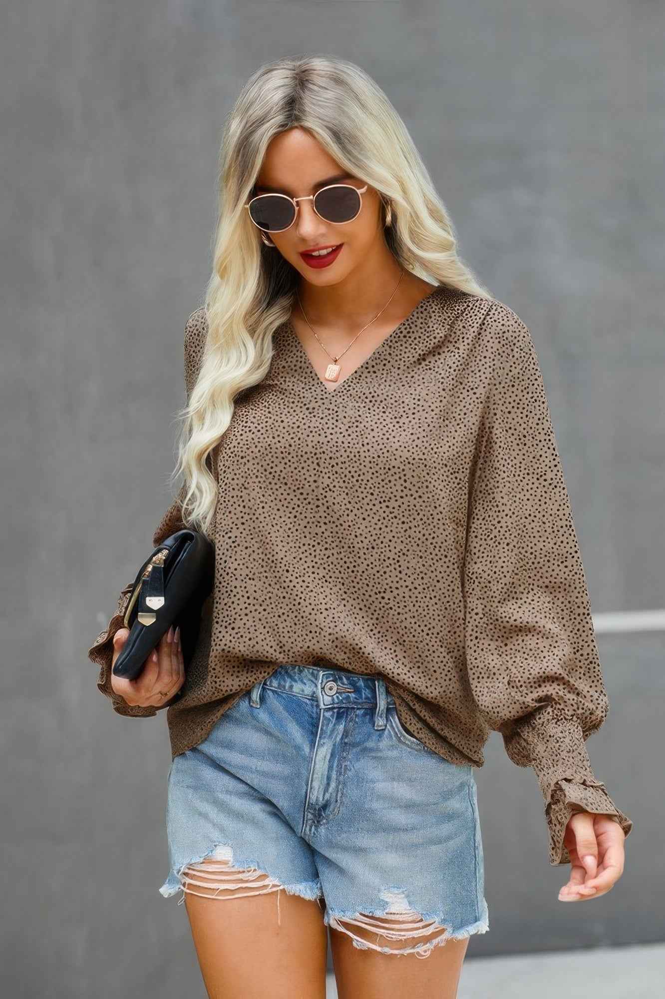 V Neck Dalmatian Print Bishop Sleeve Blouse