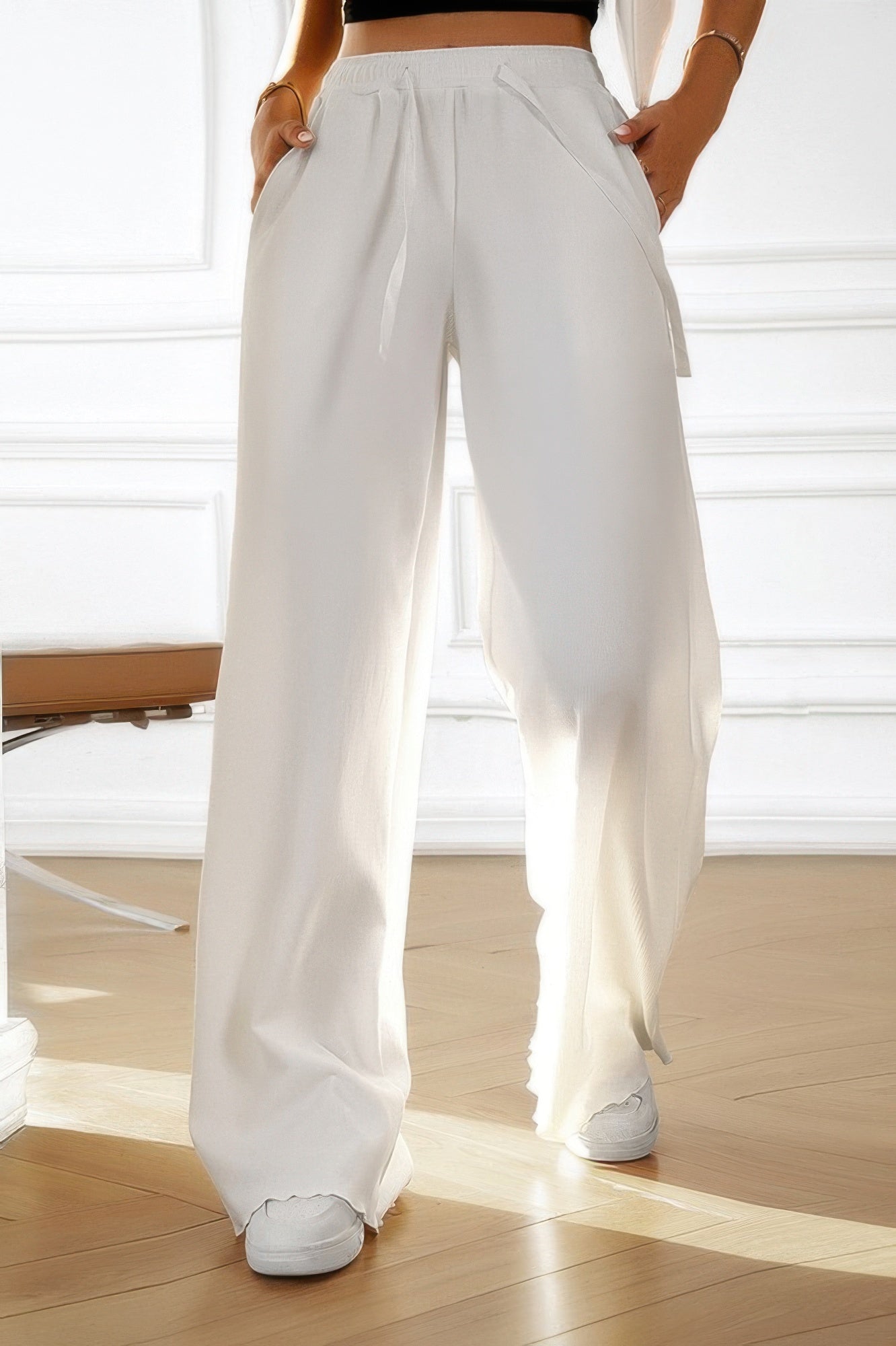 Solid Pockets Elastic Waist Loose Straight Pants - It's a Girly Place