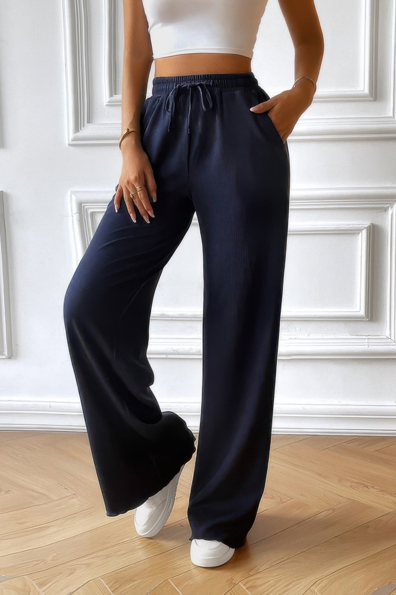 Solid Pockets Elastic Waist Loose Straight Pants - It's a Girly Place
