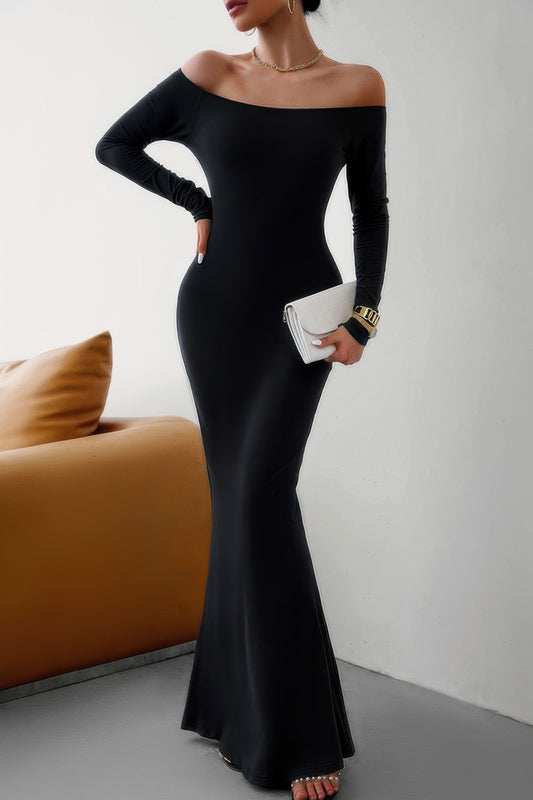 Solid Elastic Off Shoulder Bodycon Long Sleeve Dress - It's a Girly Place