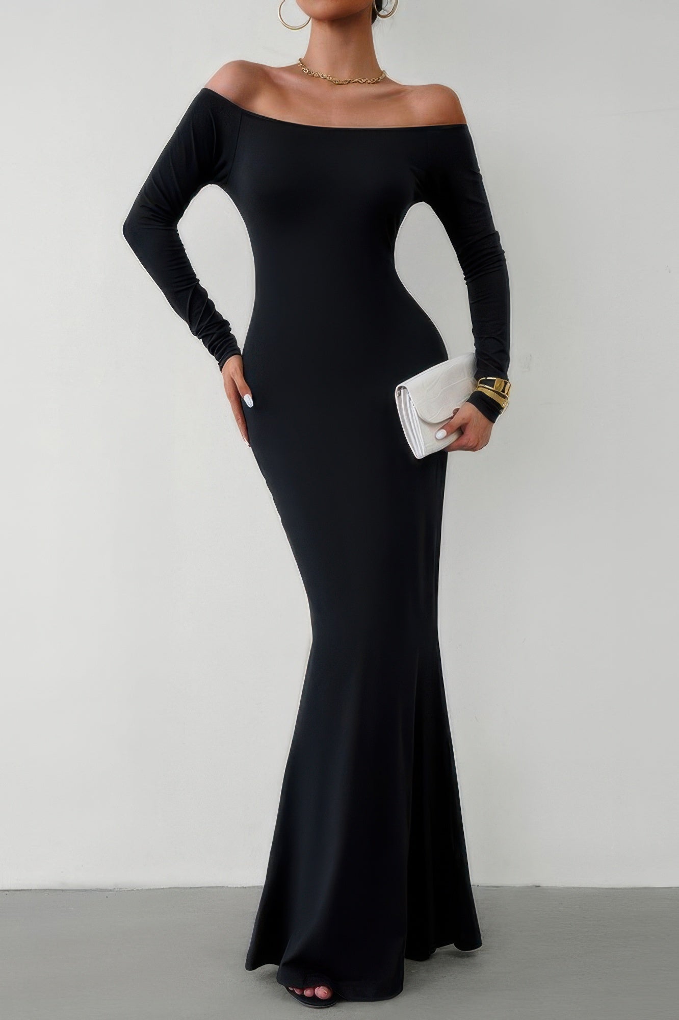 Solid Elastic Off Shoulder Bodycon Long Sleeve Dress - It's a Girly Place