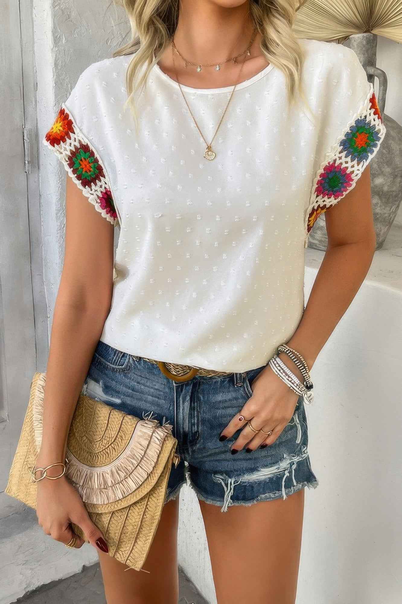 Swiss Dot Crochet Patchwork Short Sleeves Shirt