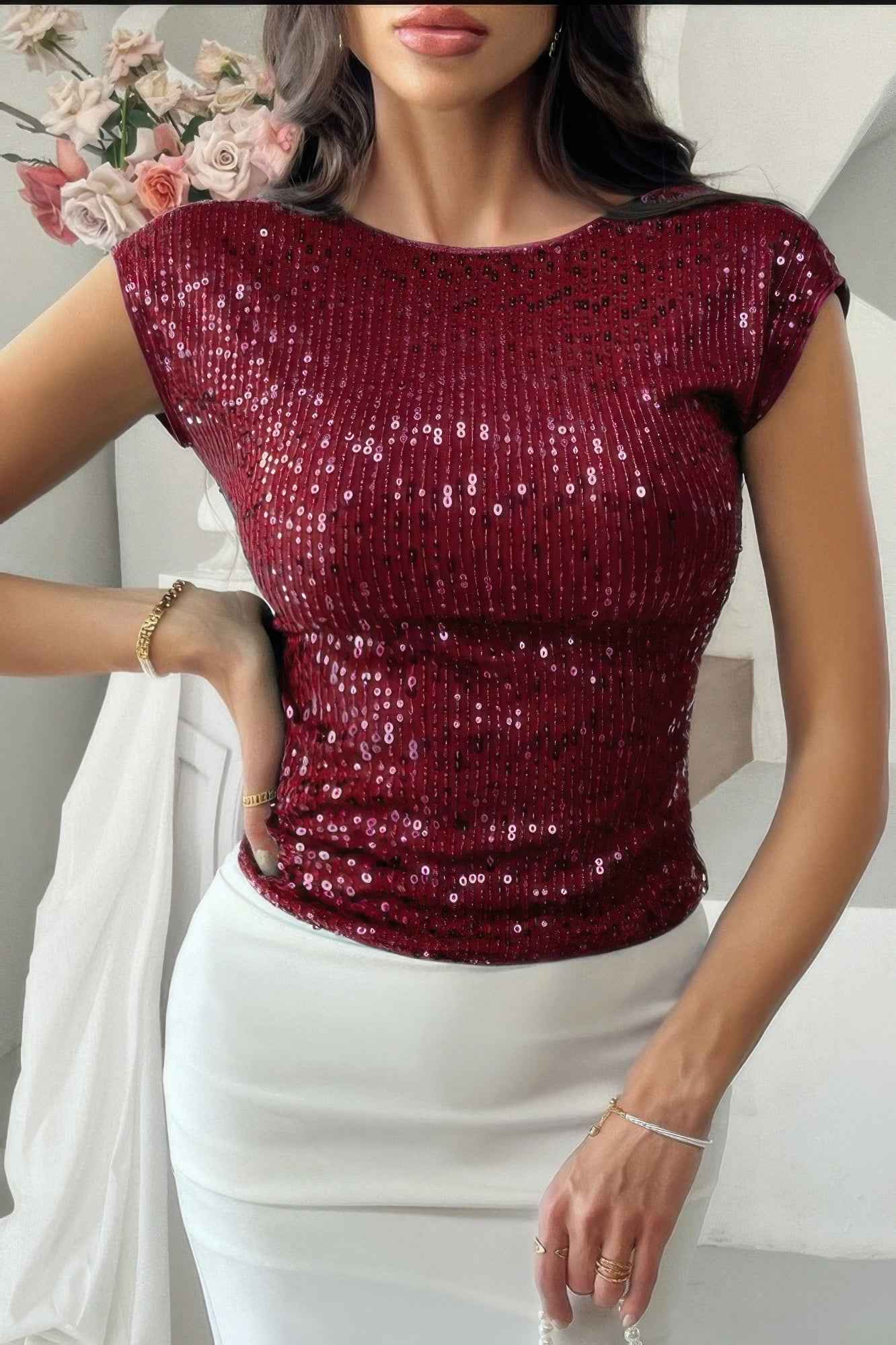 Round Neck Sequin Crop Slim Short Sleeves Top