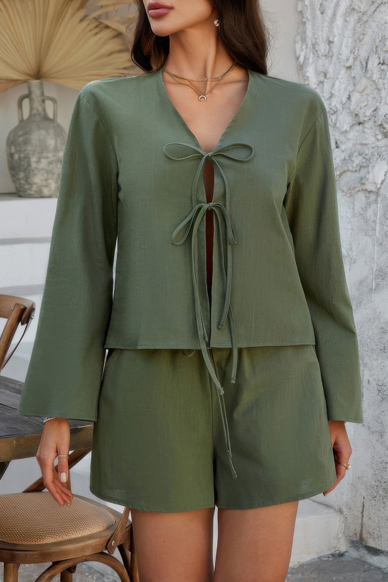 Two Pieces Tie Open Front V Neck Long Sleeve Sets - It's a Girly Place