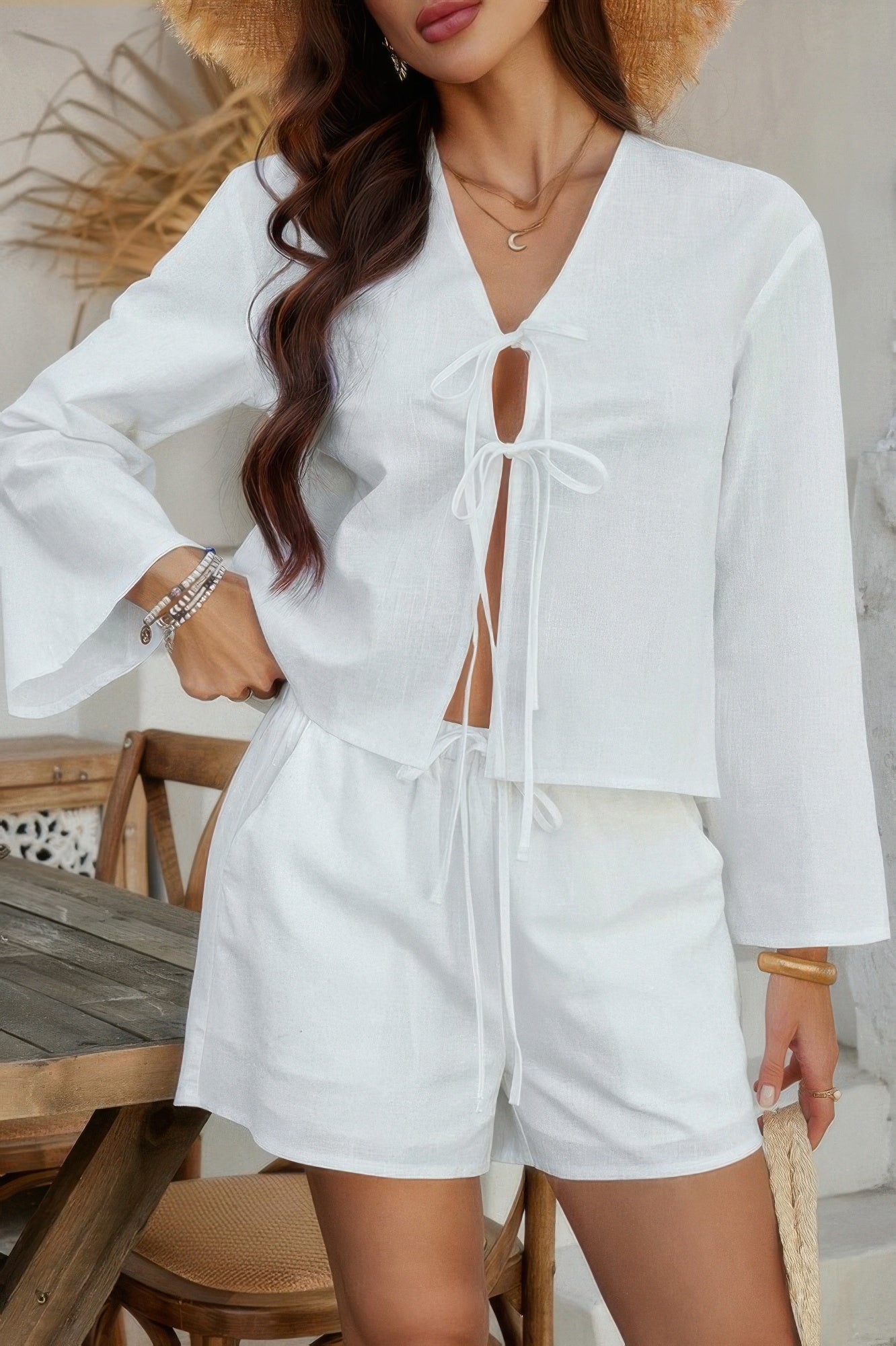 Two Pieces Tie Open Front V Neck Long Sleeve Sets - It's a Girly Place
