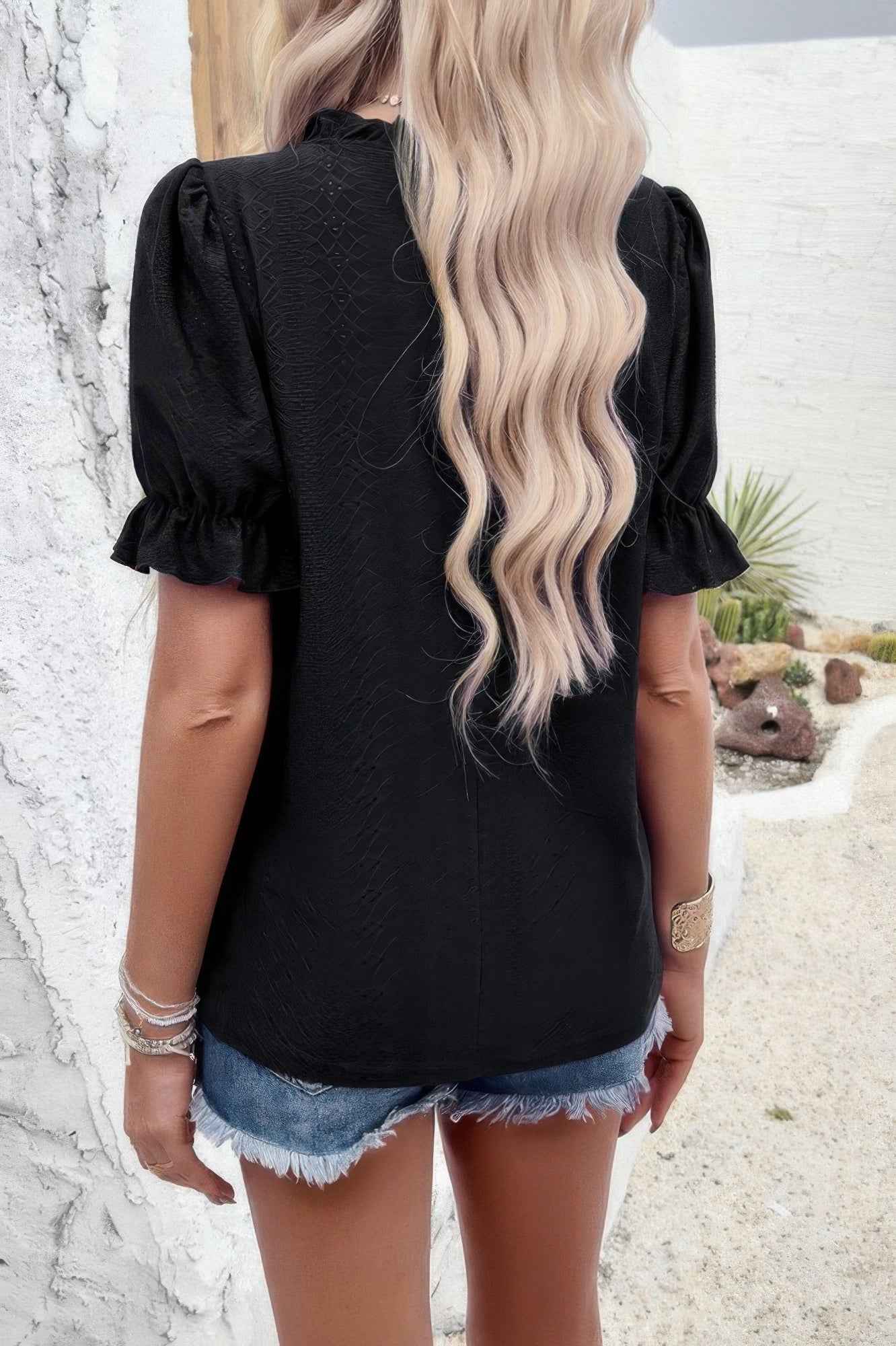 Round Neck Embroidery Ruffle Sleeve Loose Fit Shirt