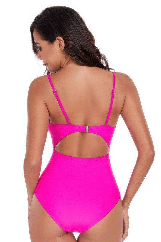 One Piece Solid Ruched Strap Cut Out Swimsuit