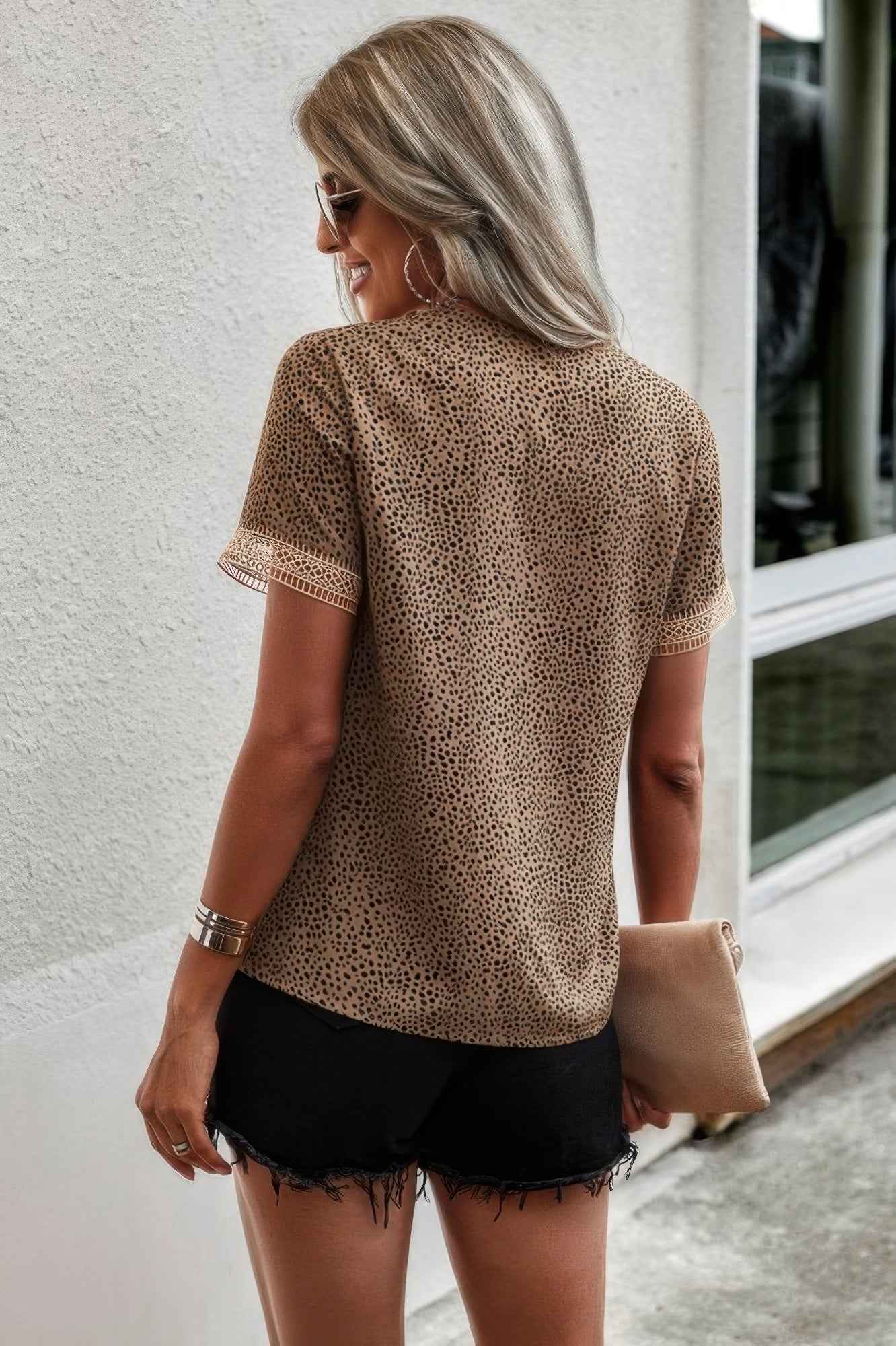 Animal Print V Neck Crop Short Sleeve Shirt