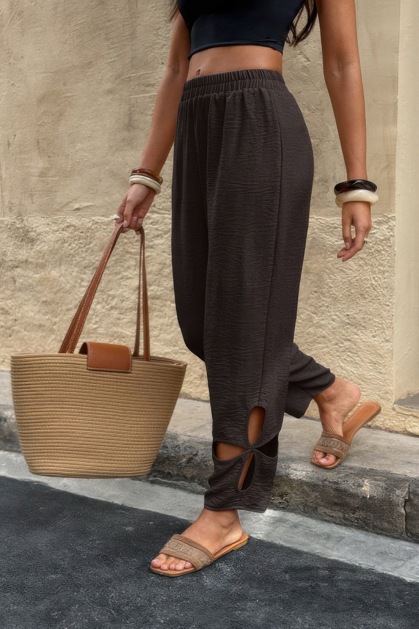 Solid Loose Elastic Waist Hollow Out Long Pant - It's a Girly Place